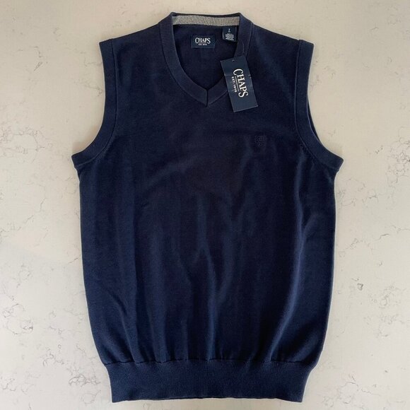 Chaps Sporty Preppy V Neck Knit 100% Cotton Sweater Vest Newport Blue Sz S NWT - Picture 1 of 15